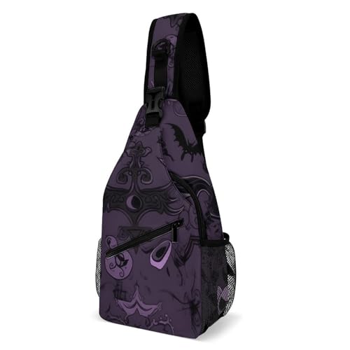 Casual Daypack Lila Schwarz Goth Gruselig Tragbare Sporttasche Anti-Diebstahl Taktisch Brusttasche Für Herren Einkaufen Reisen 19X39Cm von Generic