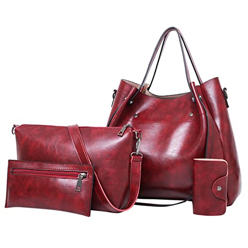 Casual Reto FashionLeder Damen Handtasche 4-teiliges Set Umhängetasche Handtasche Tote Shopper Geldbörse Taschen Magnetverschlüsse Für Taschen (Red, One Size) von Generic