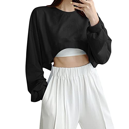 Casual Sweatshirt Damen Solid Langarm Lose Rundhals Crop Top Sweatshirt Tops Pullover mit Back Out Baggy Outdoor Sweatshirt Basic Bluse Tops, Schwarz , 42 von Generic