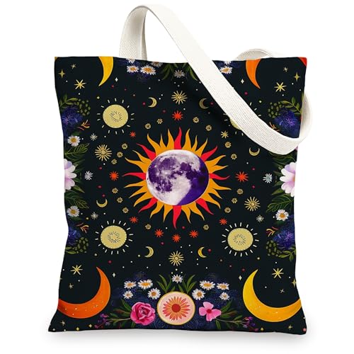 Celestial Canvas-Tragetaschen, Mond und Sonne, wiederverwendbar, böhmisch, leicht, waschbar, Schultergurt, Segeltuch, Schwarz, 13x15 Inch von Generic