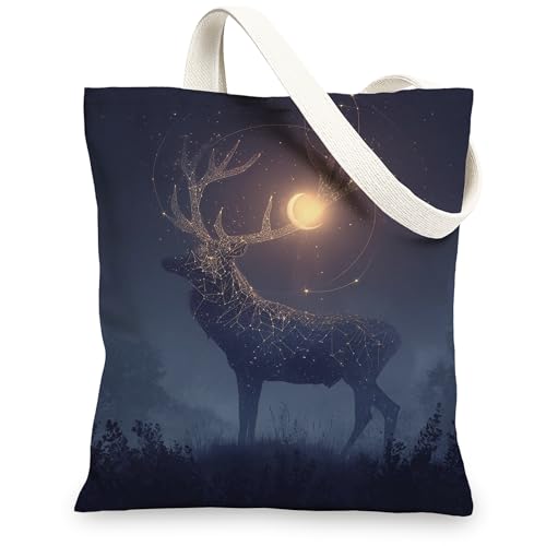 Celestial Deer Canvas Tote Bags, Night Sky Pattern Reusable Bags, Bohemian Nature Lightweight Washable Canvas Bags for Trav, Marineblau, 13x15 Inch von Generic