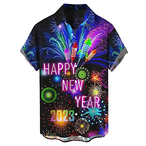 Celucke Hemd Herren Kurzarm T-Shirt Neujahrs Shirt Feuerwerk Print Festliche Hemden Freizeithemd 2023 Neujahrshemd Festliche Hemden von Generic