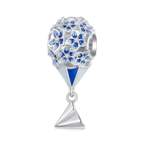 Charm Anhänger 925er Sterlingsilber blauer Blume und Heißluftballon Motiv, Armbänder und Halsketten zum Geburtstag der Frau von Generic