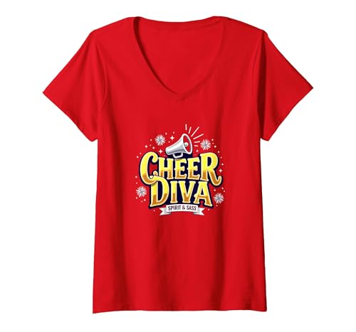 Cheer Diva für Mädchen, Cheerleading-Design T-Shirt mit V-Ausschnitt, Damen, Rot, XXL von Generic