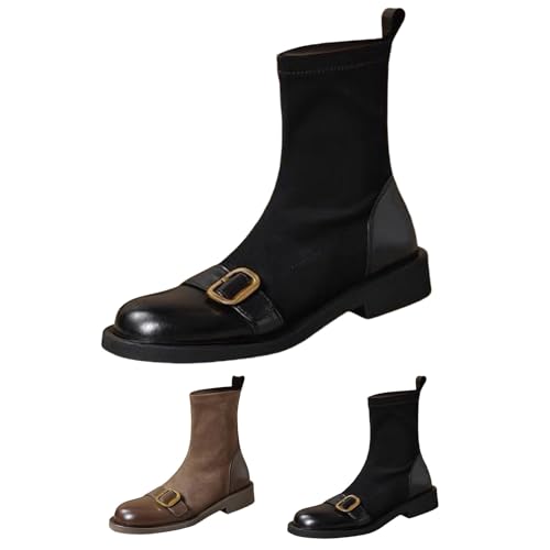 Chelsea Boots Damen Schwarz Wildleder - Stiefeletten Damen Leder Elegant Ankle Boots Rundzehe Lederstiefel Kurzschaft Schlupfstiefel Pu Leder Reitstiefel Vintage Winterboots Damenstiefel von Generic