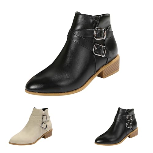 Chelsea Boots Damen Spitz - Ankle Boots Damen Mit Absatz Leder Stiefeletten Mit Reißverschluss Schnalle Bikeboots Knöchelhoch Kurzstiefel Pu Leder Springerstiefel Kampfstiefel von Generic