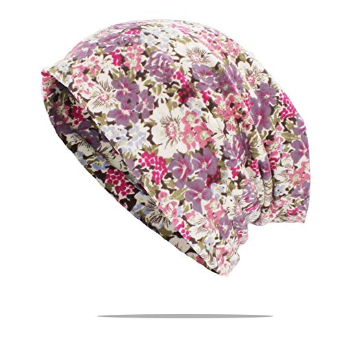 Chemo Kopfbedeckung für Damen, UK Beanie-Schal, weiche Turban-Mütze, Blumenmuster, Baumwollstoff, Alopezie, Bandana, Violett mit Blumenmuster, One size von Generic