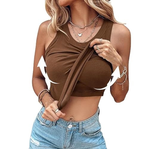 Chic-Me Tanktop mit BH, Geripptes Tanktop mit Rundhalsausschnitt und BH-Einlagen, Tanktops für Damen (Brown,M) von Generic