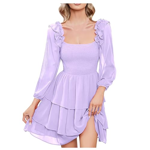 Chiffon A Line Dress Damen Square Neck A-Linie Kleider Minikleid Elegant Hohe Taille Langarm Freizeitkleid RapunzelKleid Kostüm Fasching Party Cocktailkleid Sommer Cake Kleider von Generic