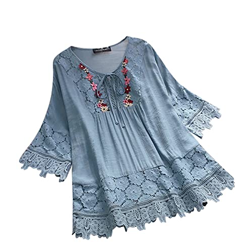 Chiffon Bluse Damen Damen Shirt Kurzarm Spitze-Spleißen Halben Ärmeln Unregelmäßige Rundhalsausschnitt T-Shirt Longshirt mit Schnürung Bluse ärmellos (Himmelblau, XL) von Generic