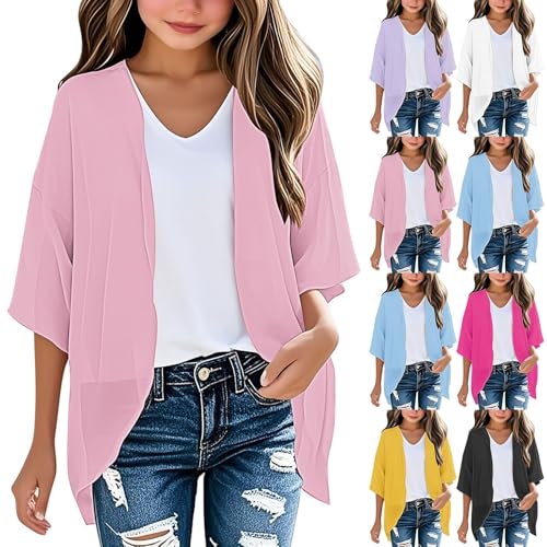 Chiffon Strickjacke Mädchen Lang 3/4 Ärmel Leicht Strand Cover up Kinder Cardigan Bluse Langarm Oberteil Rashguard Atmungsaktiv Top Einfarbig (Black, 7-8 Years) von Generic