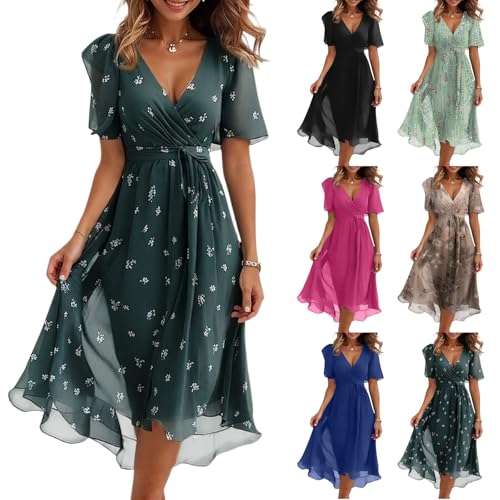Chiffonkleid Damen Sommer Elegant V-Ausschnitt Kurzarm Lang Sommerkleid Leicht und Luftig Midikleid Boho Blumenkleid mit Gürtel Rüschen Saum Wickelkleid Strandkleid A Linie Flowy Maxikleid Black L von Generic