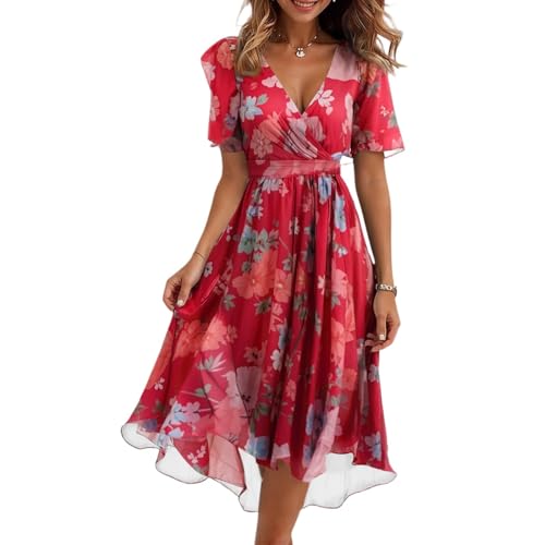 Chiffonkleid Damen Sommer Elegant V-Ausschnitt Kurzarm Lang Sommerkleid Leicht und Luftig Midikleid Boho Blumenkleid mit Gürtel Rüschen Saum Wickelkleid Strandkleid A Linie Flowy Maxikleid Red XL von Generic