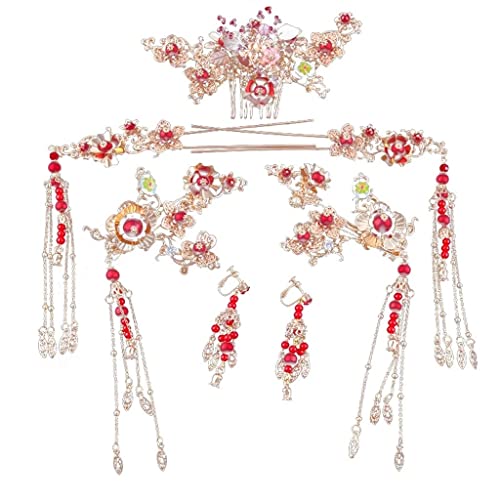 Chinesische Tiara Rote Blume Kamm Haarnadeln Hochzeit Tiara Hairwear Hochzeit Haar Zubehör von Generic