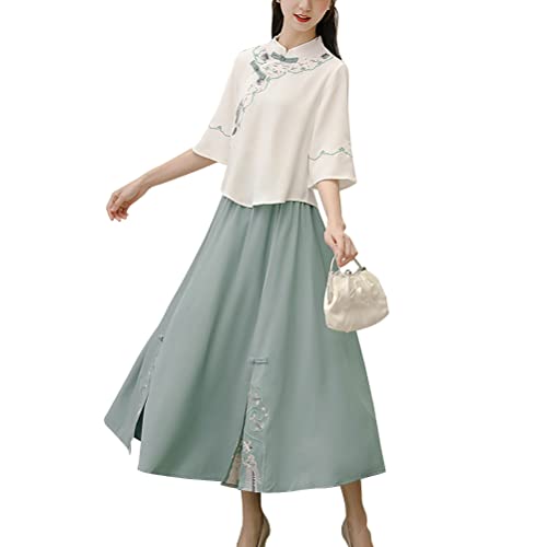 Chinesischer Tang-Anzug für Damen, traditionell, Qipao, Cheongsam, bestickt, zweiteiliges Outfit, Mandarine, Teelänge, Rockkleid, Weiß/Grün, Large von Generic
