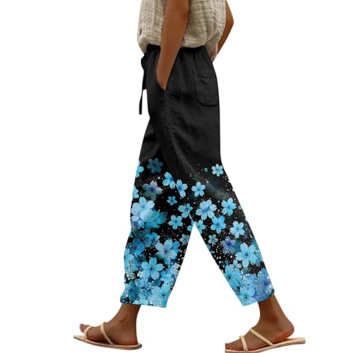 Chino Damen,Leinenhose Damen 7/8,Damen Weite Leinen Baumwolle High Waist Elastische Taille leichte bequem 7/8 Palazzohose Schlafanzughose mit Taschen,Blau,5XL von Generic