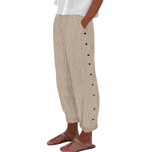 Chino Damen Hose,Leichte Sommerhose Damen,Leinen Capris für Frauen Elastische Taille Kordelzug Capri-Hosen mit Taschen Solid Side Button Casual Sommer Cropped Pants,Beige,XL von Generic