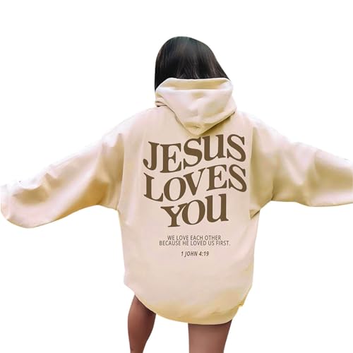 Christian Sweatshirts für Frauen Jesus Loves You Kapuzenpullover Hoodies Oversized Casual Langarm Jesus Sweatshirt Taschen, beige, 36 von Generic