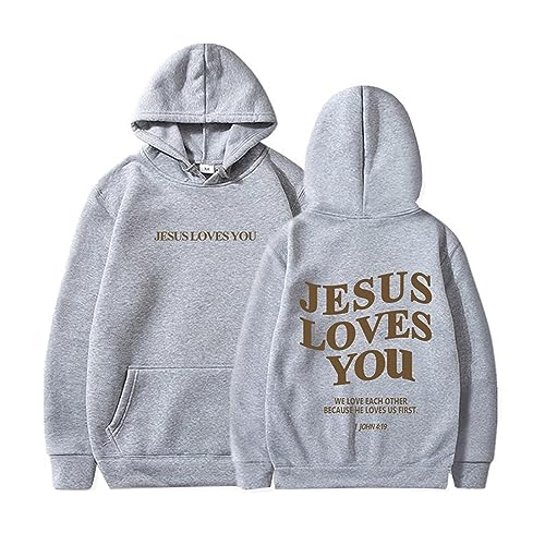 Christliche Sweatshirts für Damen, Jesus Loves You, Kapuzenpullover, Kapuzenpullover, übergroß, lässig, langärmelig, Jesus-Sweatshirt, Taschen, grau, M von Generic