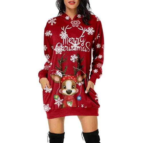 Christmas Hoodie Kleid Damen Weihnachtspullover Weihnachtskleider Hoodie Weihnachtspullover Damen Rentier Print Hoody Kleid Langes Weihnachtskleid mit Taschen von Generic