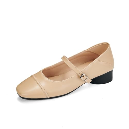 Chunky Low Block Heels Damen Quadratische geschlossene Zehenpartie Ballerinas mit Knöchelriemen Hineinschlüpfen Casual Versatile Schuhe,Beige,42 EU von Generic