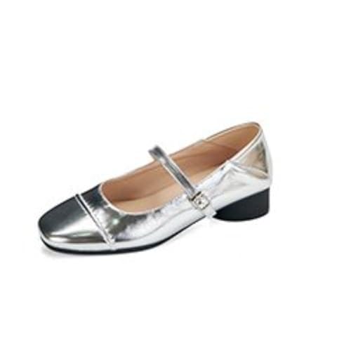 Chunky Low Block Heels Damen Quadratische geschlossene Zehenpartie Ballerinas mit Knöchelriemen Hineinschlüpfen Casual Versatile Schuhe,Silber,35 EU von Generic