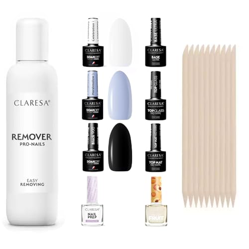 Clarese Nagelpflege- und Design-Set: Ultra Base, Matte & Glass Top Coats, Dehydrator, Remover, Lampen Black, Celeste, Marble und Olive Oil – Professionelles Maniküreset von Generic