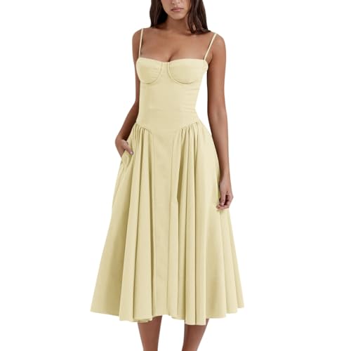 Cocktailkleid Damen, Cocktailkleid Damen Elegant 50 Style Kleider Hochzeitsgast Kleid Festlich Sommer Tanzkleid Damen White Dress for Women Abiye Cocktailkleider Elegant Rave Outfit(Gelb,M) von Generic