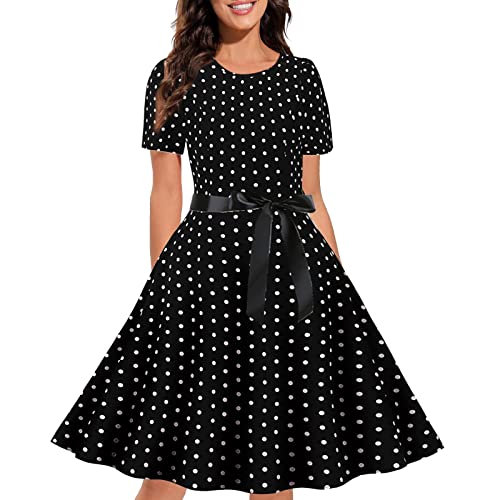 Cocktailkleid Damen 50S Vintage Rockabilly Hepburn Stil Partykleid Polka Dot Drucken V-Ausschnitt Faltenrock Petticoat Cocktail Festliche Kleider Knielang A-Line Petticoat(E Schwarz,M) von Generic