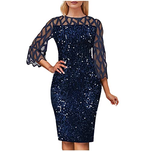 Cocktailkleid Damen Abendkleid Damen Spitzenkleid Cocktailkleid 3/4 Ärmel Glitzerkleid Rundhals Bleistiftkleid Elegant Knielang Kleid Partykleid Ballkleider von Generic