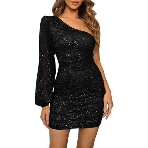 Cocktailkleid Damen Kurz, Bodycon Kleid Elegant Glitzer Kleid Langarm Minikleid Pailletten Kleider One Shoulder Etuikleid Enges Cocktailkleider Kurze Abendkleider Festliche Partykleid Ballkleid von Generic