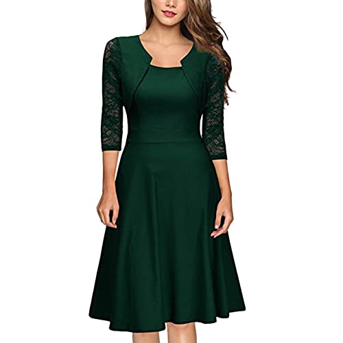 Cocktailkleid Damen Kurz Elegant, A-Linien Kleid Festlich V-Ausschnitt 3/4 Arm Mit Spitze, Elegantes Swing Knielang Festliches Ballkleid Einfarbig Faltenrock Outfit von Generic