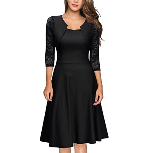 Cocktailkleid Damen Kurz, Cocktailkleider Damen Elegant,A Linien Kleid Damen Festlich V Ausschnitt 3/4 Arm mit Spitze Elegante Swing Knielang Festliche Ballkleid Einfarbig Faltenrock Outifit von Generic