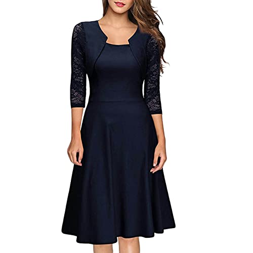 Cocktailkleid Damen Kurz Elegant, A-Linien Kleid Festlich V-Ausschnitt 3/4 Arm Mit Spitze, Elegantes Swing Knielang Ballkleid Einfarbig Faltenrock Outfit von Generic