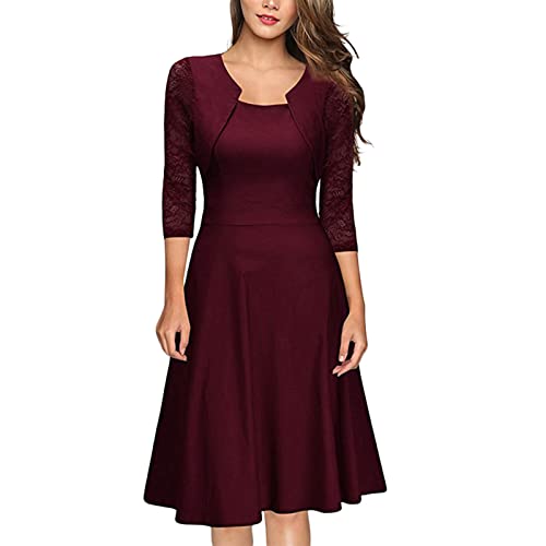 Cocktailkleid Damen Kurz Elegant, A-Linien Kleid Festlich V-Ausschnitt 3/4 Arm Mit Spitze, Elegantes Swing Knielang Festliches Ballkleid Einfarbig Faltenrock Outfit von Generic
