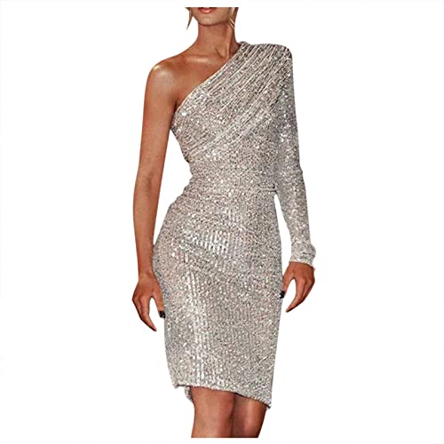 Cocktailkleid Damen Partykleid Damen Pailletten Kleid Elegant Abendkleid Cocktailkleid mit einem Ärmel Hohe Taille Glitzerkleid Knielang Bleistiftkleid Ballkleider, Silber, M von Generic