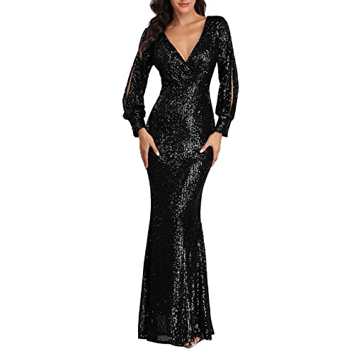 Cocktailkleider Damen Elegant V-Ausschnitt Kurz Ärmel Fransen Paillettenkleid Lange Glänzend Partykleid Elegant Maxikleid Partykleid Abendkleid Hochzeit Club Cocktailkleid(C Schwarz,XL) von Generic
