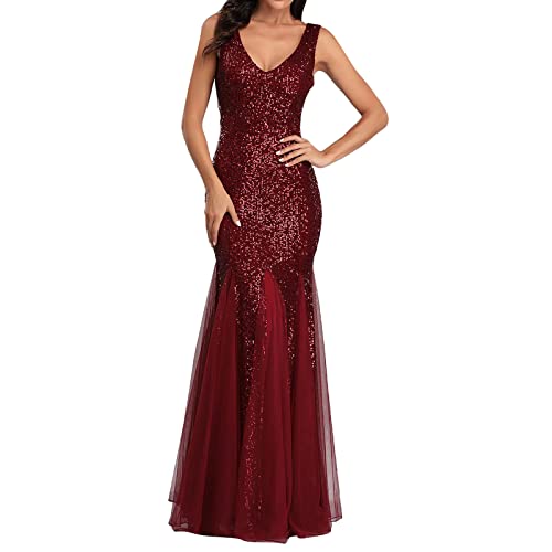 Cocktailkleider Damen Elegant V-Ausschnitt Kurz Ärmel Fransen Paillettenkleid Lange Glänzend Partykleid Elegant Maxikleid Partykleid Abendkleid Hochzeit Club Cocktailkleid(D Rot,L) von Generic