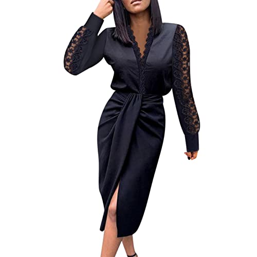 Cocktailkleider Große Größen Etuikleid Damen Ärmel Kniepuff Elegante Ärmel Lange Farbe Kleider Hals Solide V-Länge Damenkleid Abendmode (A-Black, L) von Generic
