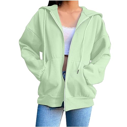 College Jacke Mädchen 2024,Damen Sweatjacke Sportjacke Langarm Collegejacke Oversize Jacke Leicht Atmungsaktive Full Zip Laufjacke mit Taschen Y2K Clothes,Hellgrün,XL von Generic