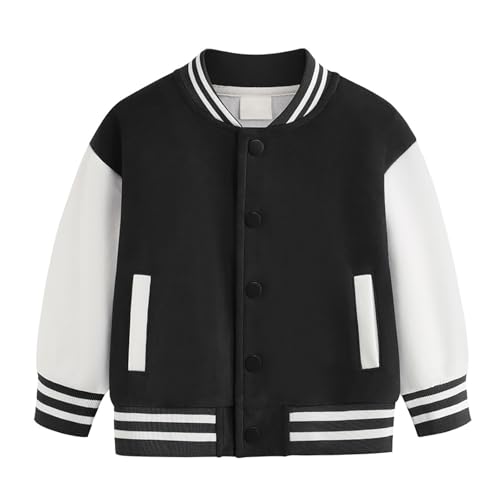 College Jacke Mädchen Junge Baseball Jacken mit Knopfleiste Langarm Warme Übergangsjacke Baumwoll Sportjacke Y2K Streifen Sweatjacke Basic Lässige Mantel (Black, 7-8 Years) von Generic