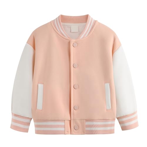 College Jacke Mädchen Junge Baseball Jacken mit Knopfleiste Langarm Warme Übergangsjacke Baumwoll Sportjacke Y2K Streifen Sweatjacke Basic Lässige Mantel (Pink, 7-8 Years) von Generic