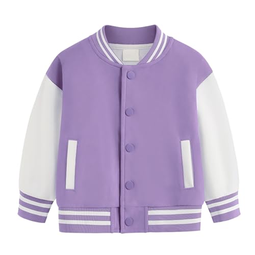 College Jacke Mädchen Junge Baseball Jacken mit Knopfleiste Langarm Warme Übergangsjacke Baumwoll Sportjacke Y2K Streifen Sweatjacke Basic Lässige Mantel (Purple, 9-10 Years) von Generic