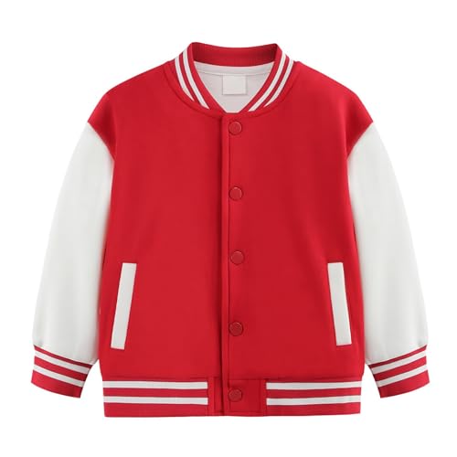College Jacke Mädchen Junge Baseball Jacken mit Knopfleiste Langarm Warme Übergangsjacke Baumwoll Sportjacke Y2K Streifen Sweatjacke Basic Lässige Mantel (Red, 4-5 Years) von Generic