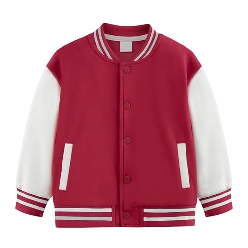 College Jacke Mädchen Junge Baseball Jacken mit Knopfleiste Langarm Warme Übergangsjacke Baumwoll Sportjacke Y2K Streifen Sweatjacke Basic Lässige Mantel (Wine, 7-8 Years) von Generic