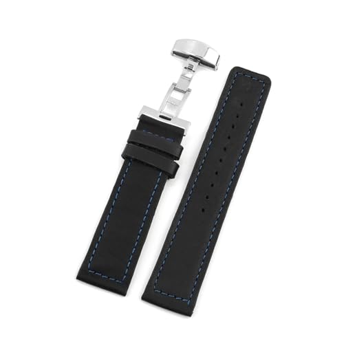 Cong Yi Business Casual Schwarz Quadratisch Echtes Leder Uhrenarmband Schmetterlingsschnalle Herren Damen Armband 24 Mm(Black-blue line) von Generic