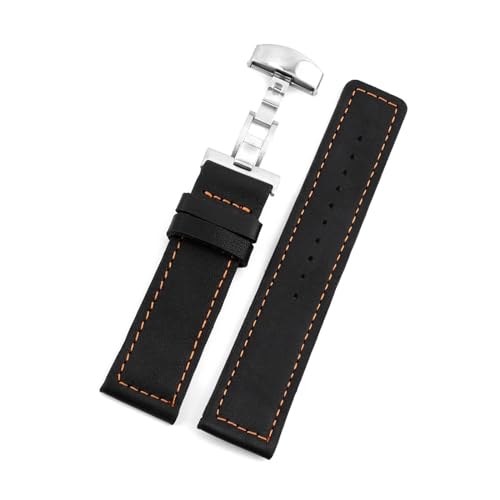 Cong Yi Business Casual Schwarz Quadratisch Echtes Leder Uhrenarmband Schmetterlingsschnalle Herren Damen Armband 24 Mm(Black-orange line) von Generic