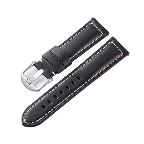 Cong Yi Crazy Horse Leder Uhrenarmbänder Wirst Uhr Leder Riemen 20mm 22mm 24mm Herren Uhr Armband Rindsleder Gürtel(Black-Silver Buckle,22mm) von Generic