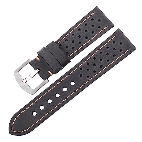 Cong Yi Echtes Kuh Leder Armband Armband Frauen Männer Atmungsaktive Armband 4 Farben 20mm 22mm 24mm Gürtel Mit Stahl Dornschließe(Black Silver Buckle_20mm) von Generic