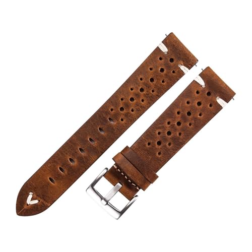 CongYi Uhrenarmband Aus Echtem Leder, Porös, 18 Mm, 20 Mm, 22 Mm, Dunkelbraun, Handgefertigt, Ölwachs-Leder, Uhrenarmband Mit Schnellverschluss, Damen Und Herren(Light Brown-Silver_18mm) von Generic
